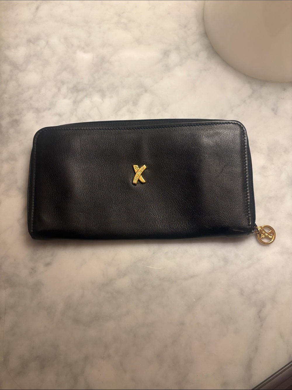 Paloma Picasso Black Leather Zip Wallet with Gold X Emblem - Pristine